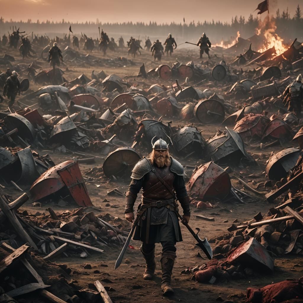 Bloody Viking Walks from Battlefield in Sunset