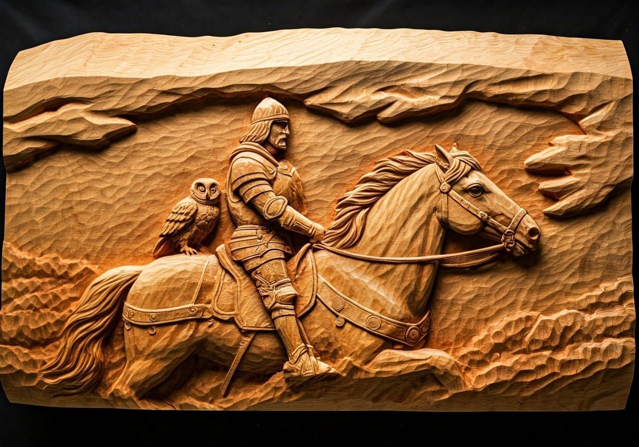 Embossed Wood Carving of Knight on Horseback