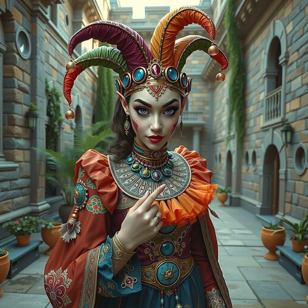 Whimsical Jester in Vibrant Bohemian Attire