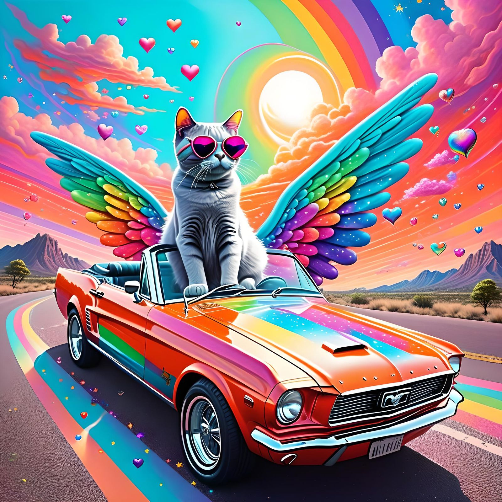 Psychedelic Rainbow Sky with Cat Driver, Impressionist Splas...