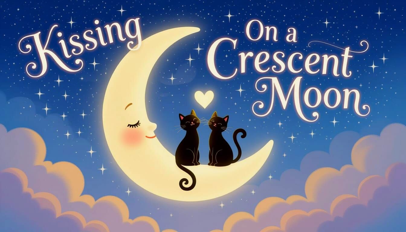 Cats Kissing on a Glowing Crescent Moon in Whimsical Night S...