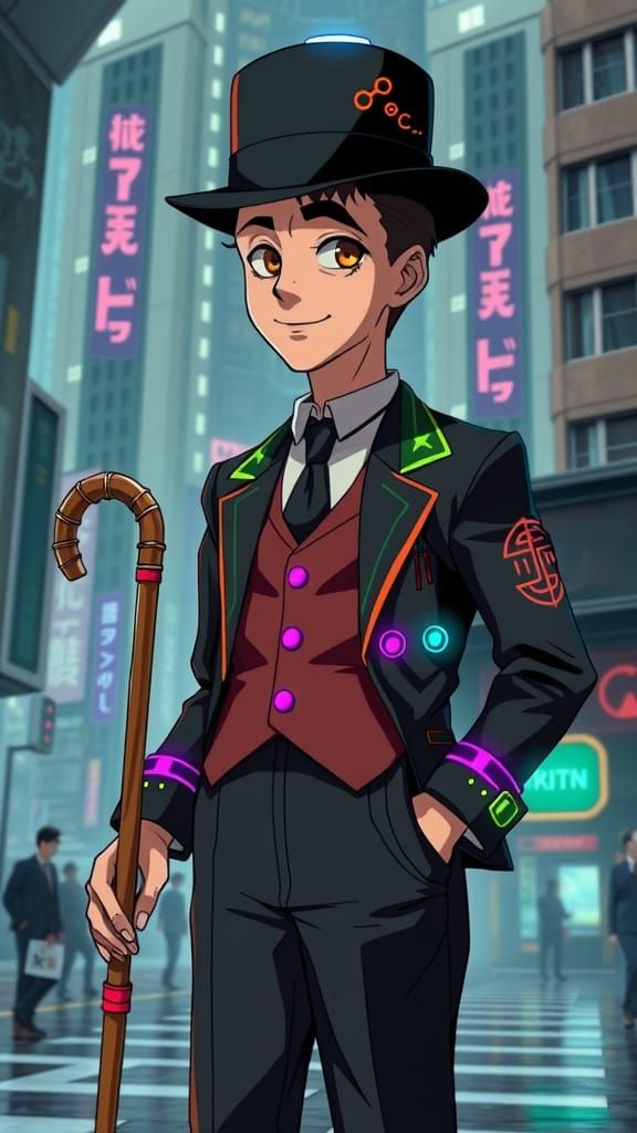 Cyberpunk Charlie Chaplin in Classic Anime Style