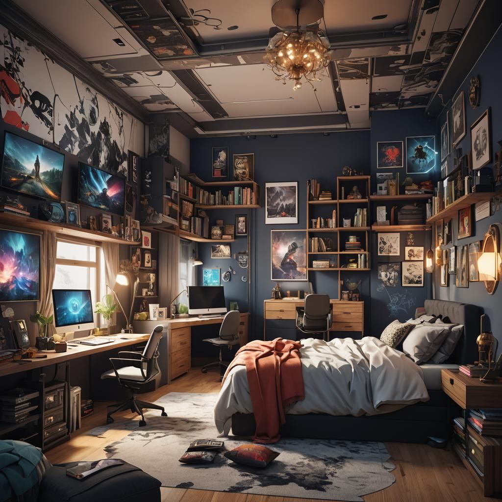 Modern Girl's Bedroom with Gaming Setup, Fantasy Art
