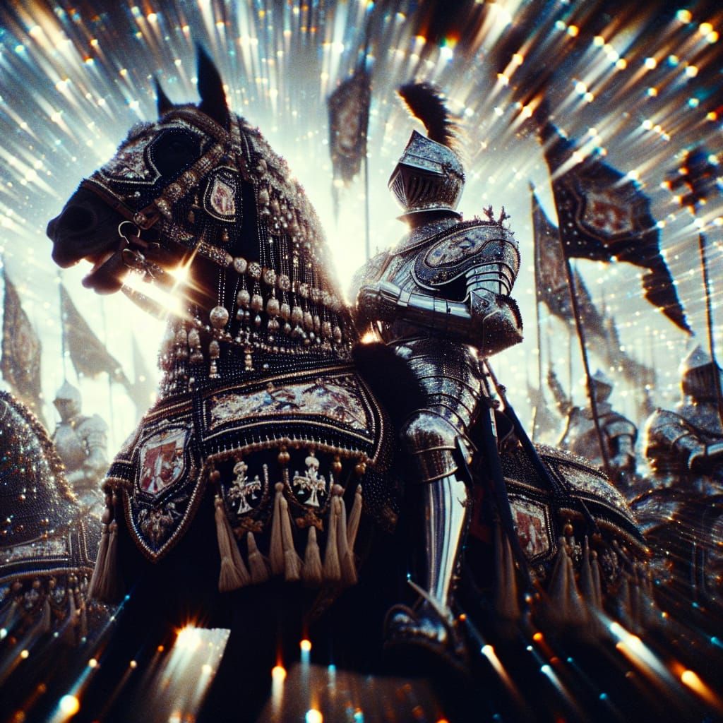 Gothic Knight on Stallion in Cinematic Haze