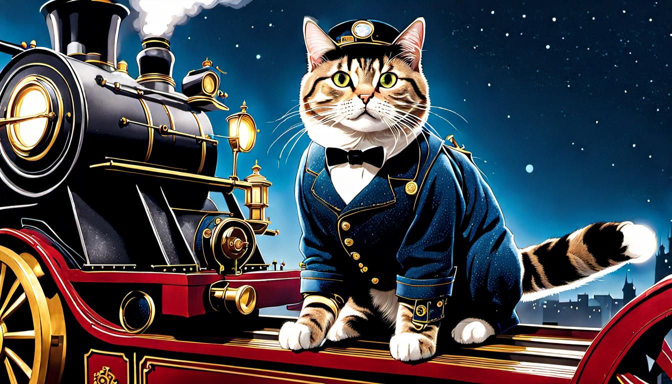Engineer Cat Oversees the Loading of the Polar Express with Presents
