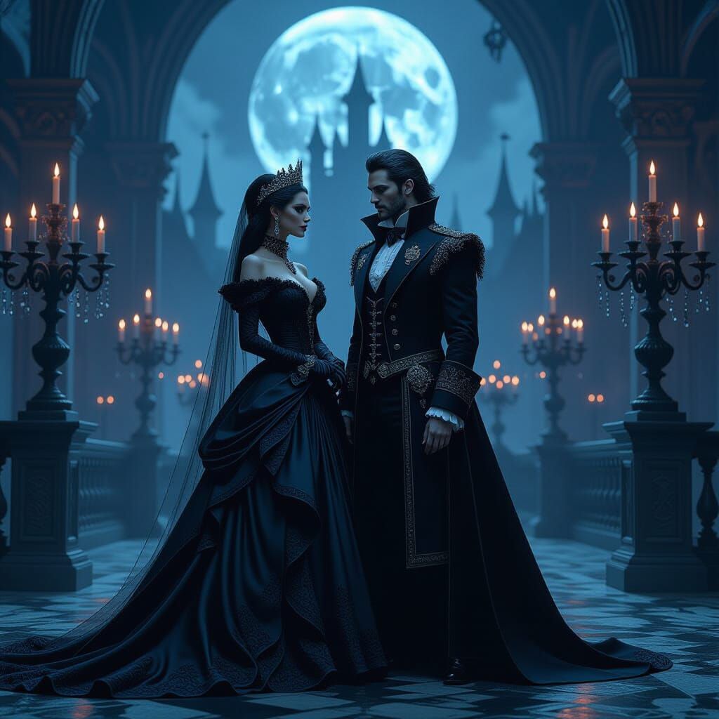 Gothic Vampire Royals in Moonlit Castle