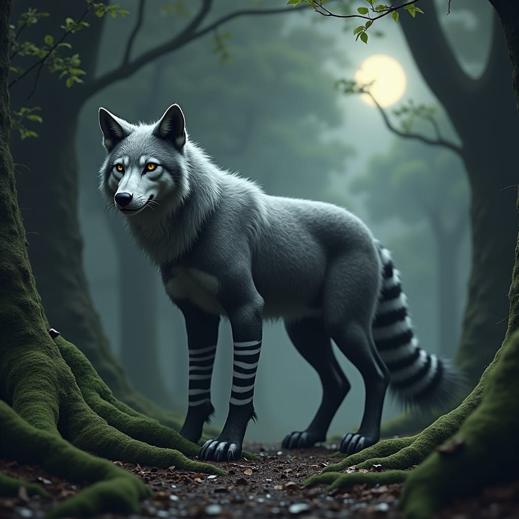 Mystical Striped Creature in Dark Forest Concept Art