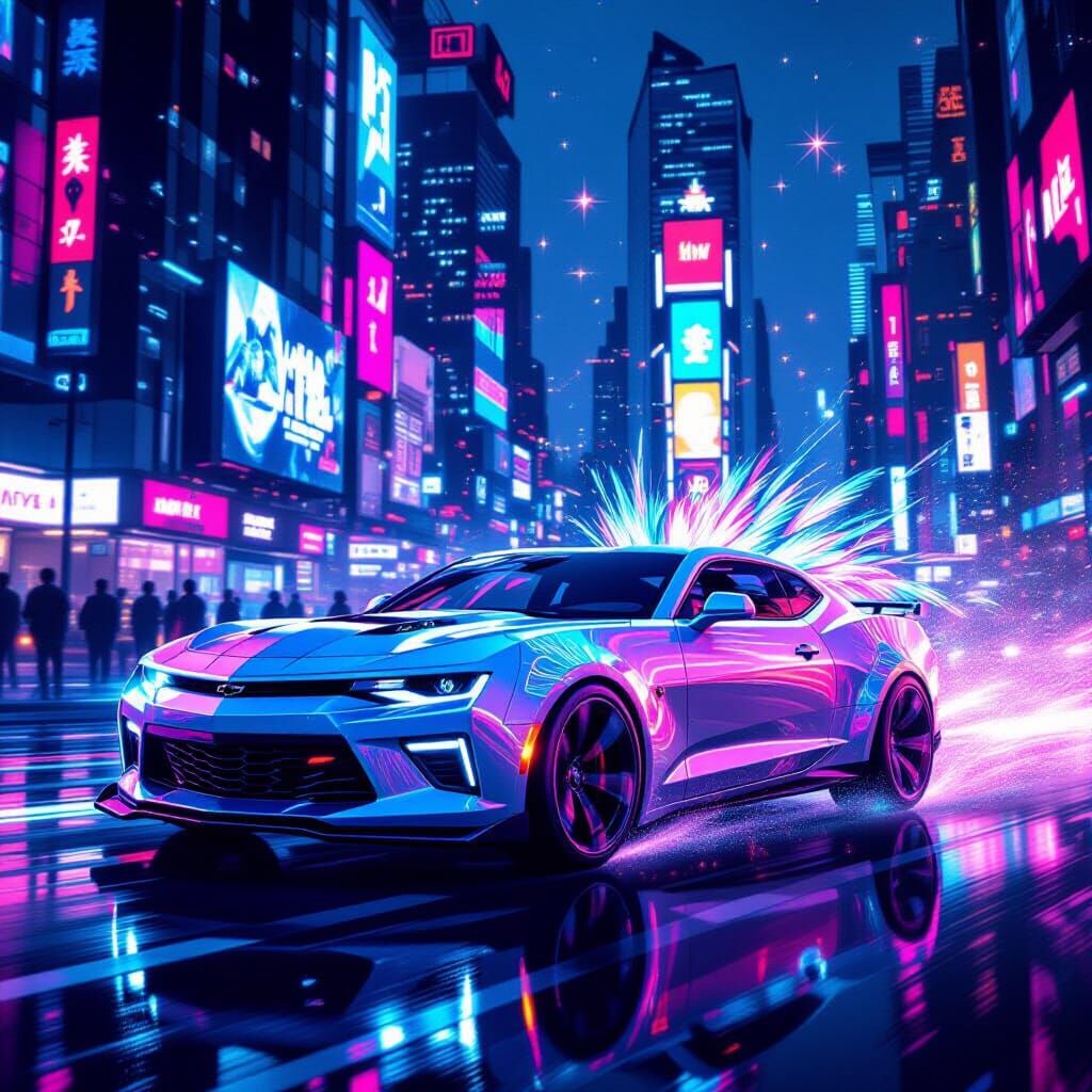 Bioluminescent Camaro in Cyberpunk Cityscape