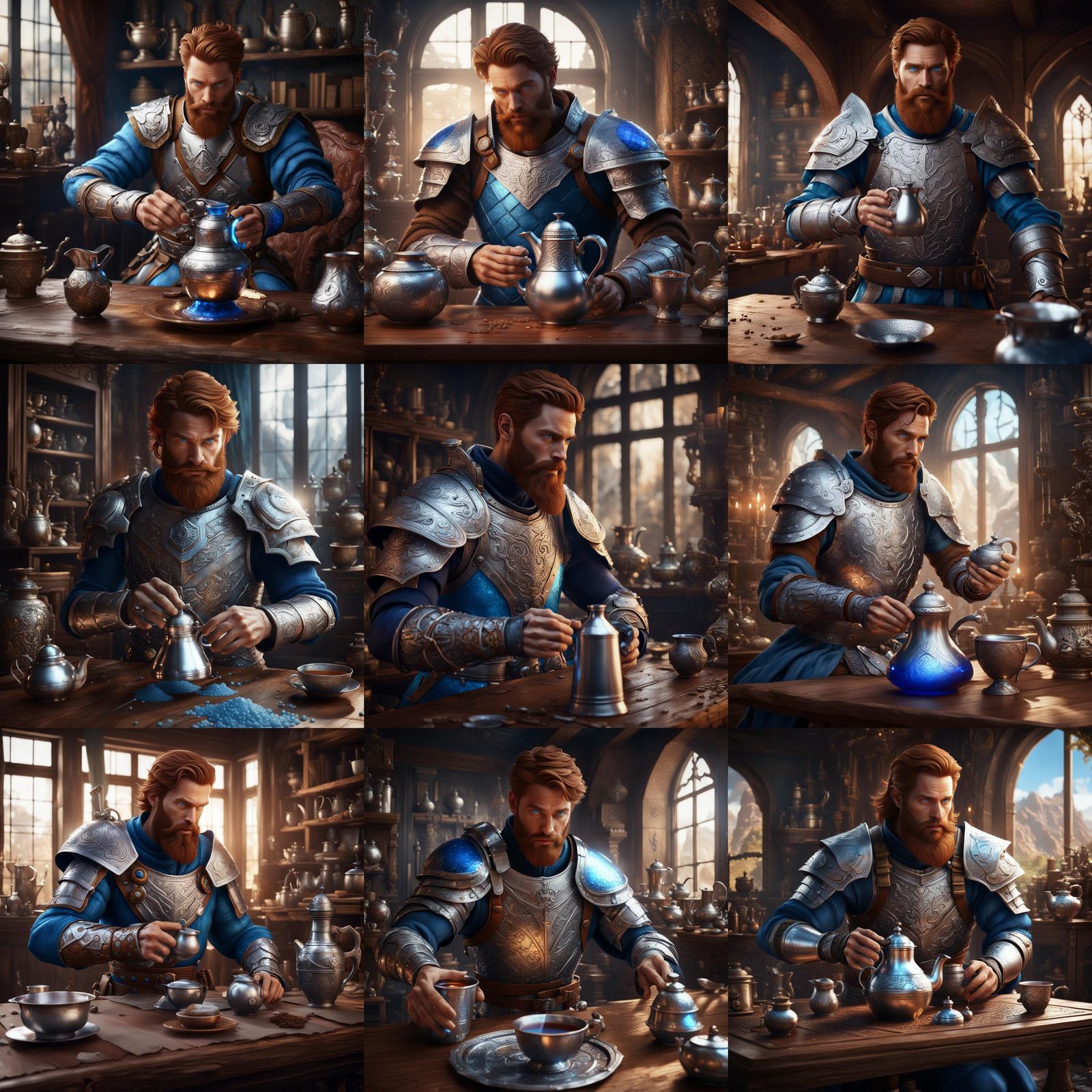 Armored Man Pours Liquid into Teacup