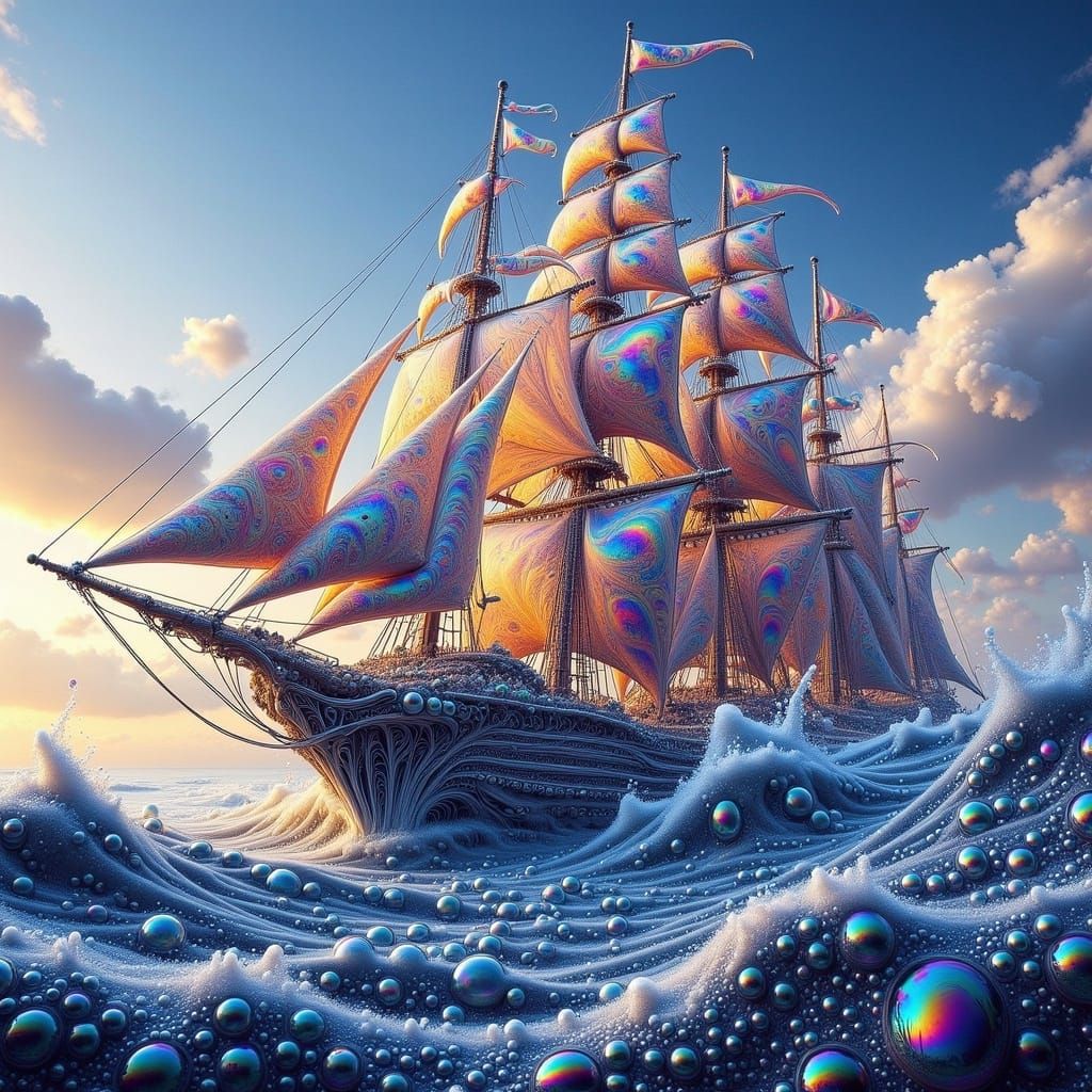 Pirate Ship on Iridescent Bubbly Sea