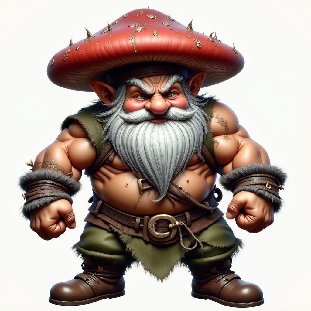 Muscular Dwarf with Mushroom Hat Ready to Fight