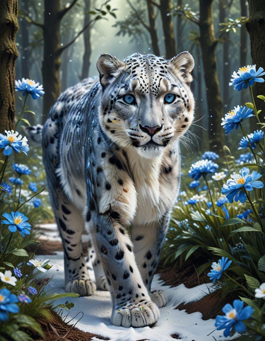 Floral Snow Leopard in Hyper-Realistic Style