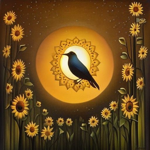 Sunflower and Bird at Sunset: Surrealist-Inspired Art