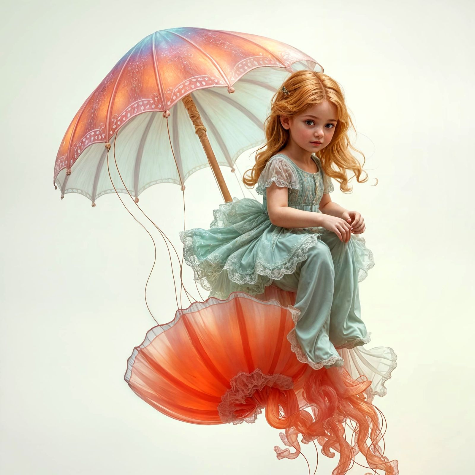 Ethereal Baby Riding Gustavian Jellyfish in Pale Mint and Wh...