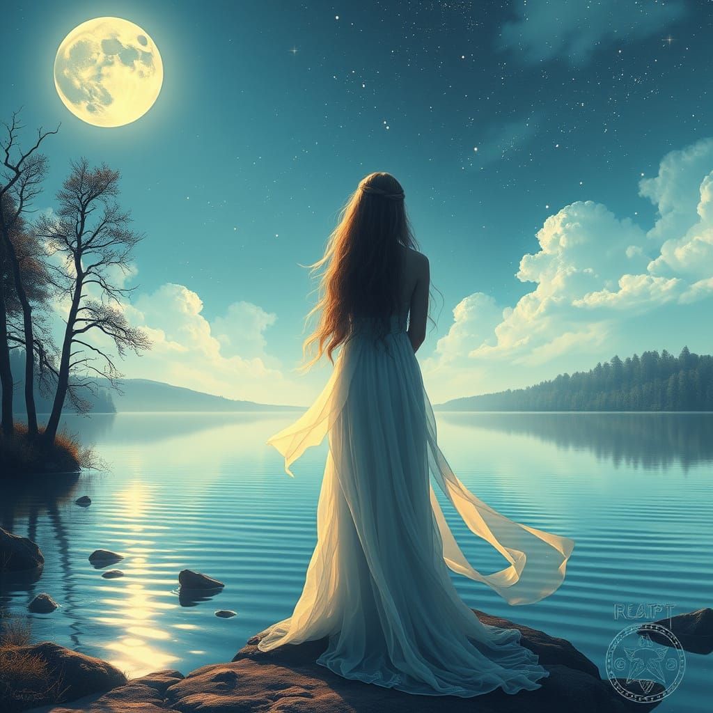 Ethereal Woman Contemplates Time by a Moonlit Lake