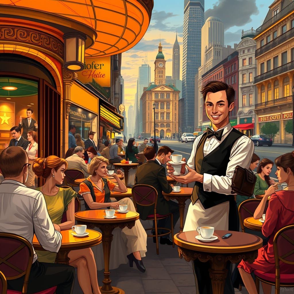 Futuristic Café Scene at Dusk