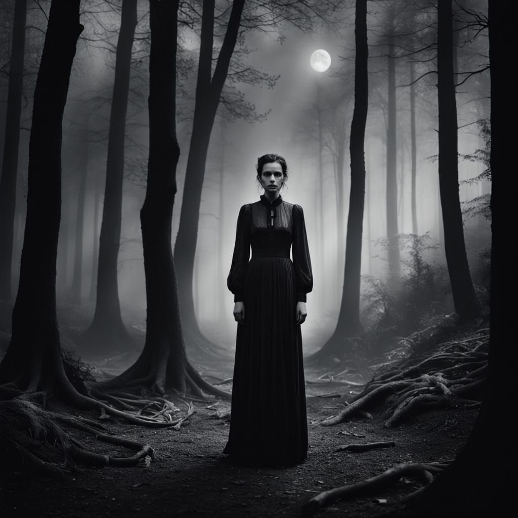 Mysterious Woman in Surreal Noir Forest