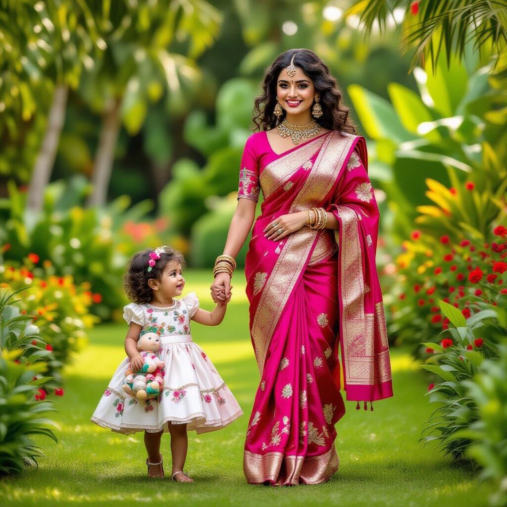 Woman and Child in Garden, Digital Art Style