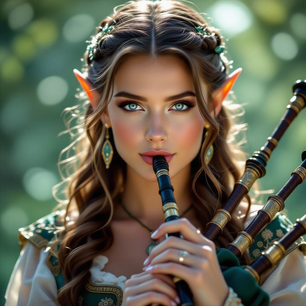 Photorealistic Elf Woman Playing Bagpipe in Ethereal Light