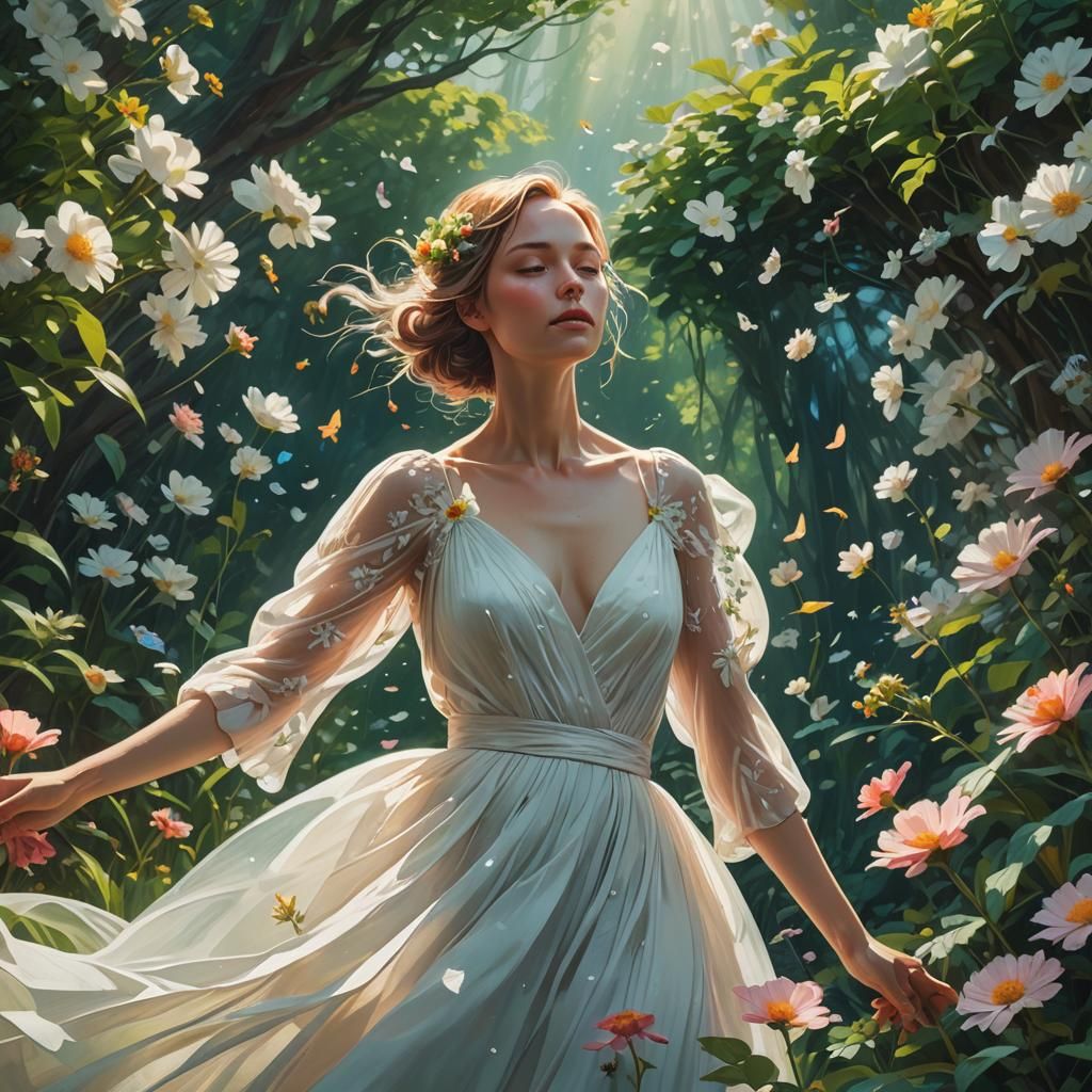 Woman Floating in Floral Fantasy Art, Detailed Matte Paintin...