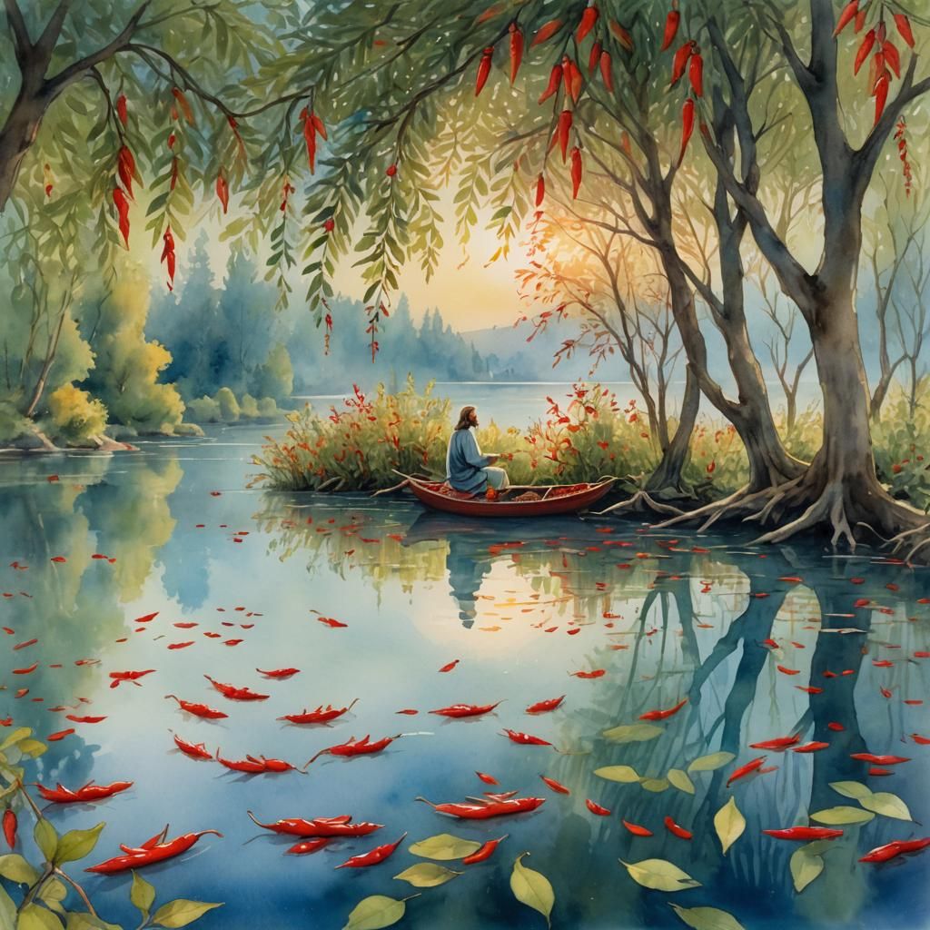 Jesus Floating on Chillies: Whimsical Watercolor Fantasy