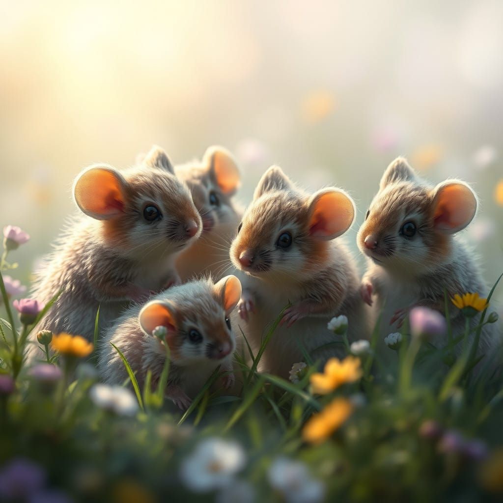 Fluffy Mice in a Whimsical Meadow Scene