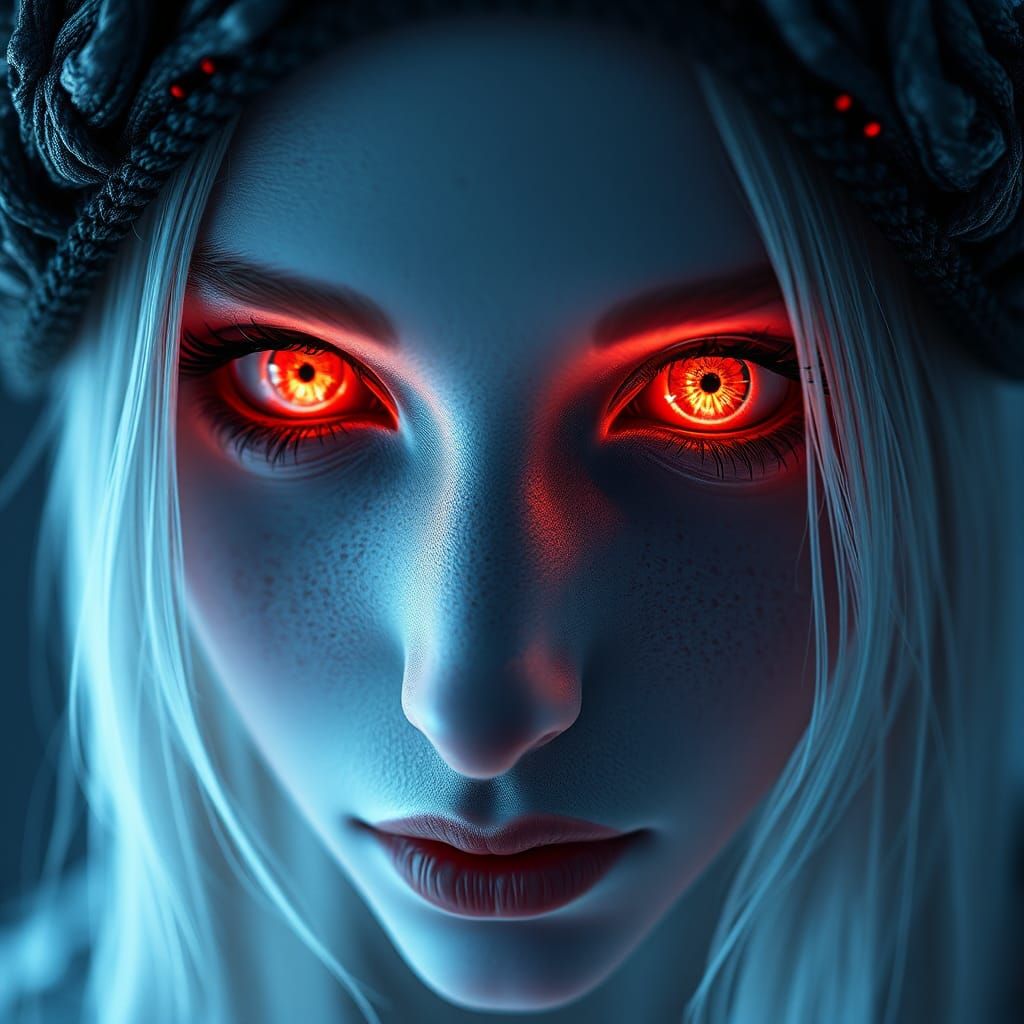 Soulful Pale Face with Glowing Red Eyes