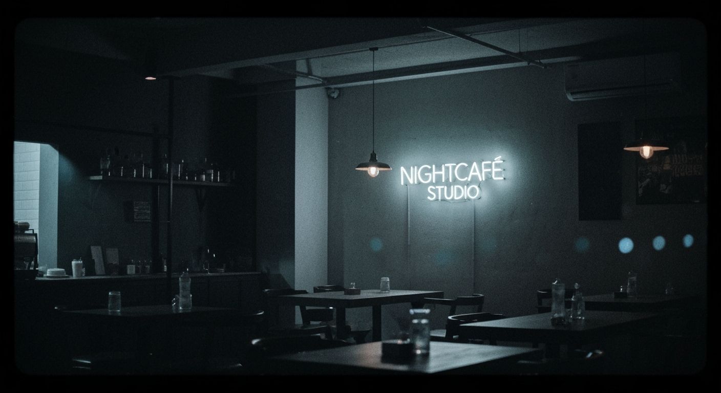 Cinematic Coffee Shop at Night with Neon Sign