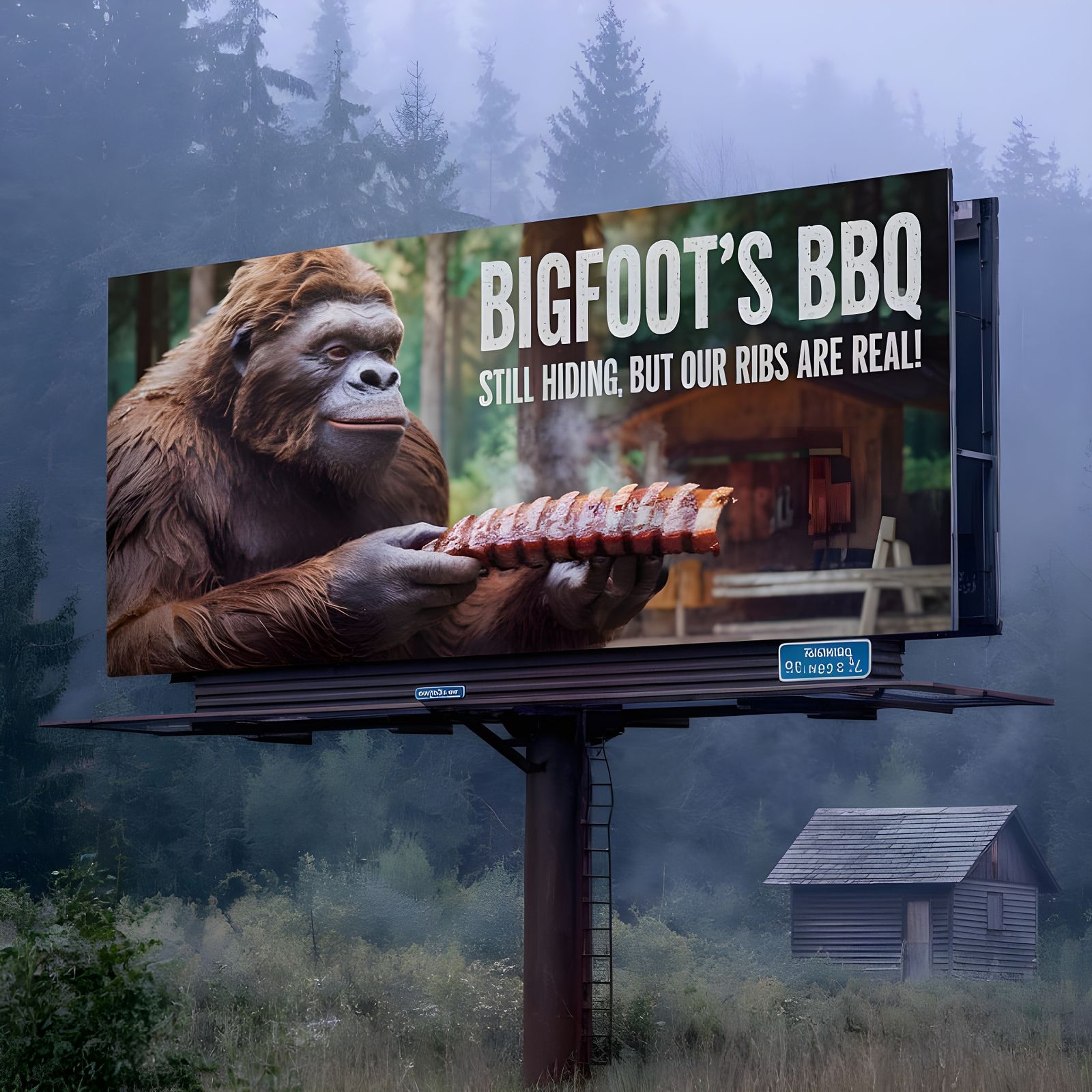 Bigfoot's BBQ Billboard Ad in a Misty Forest