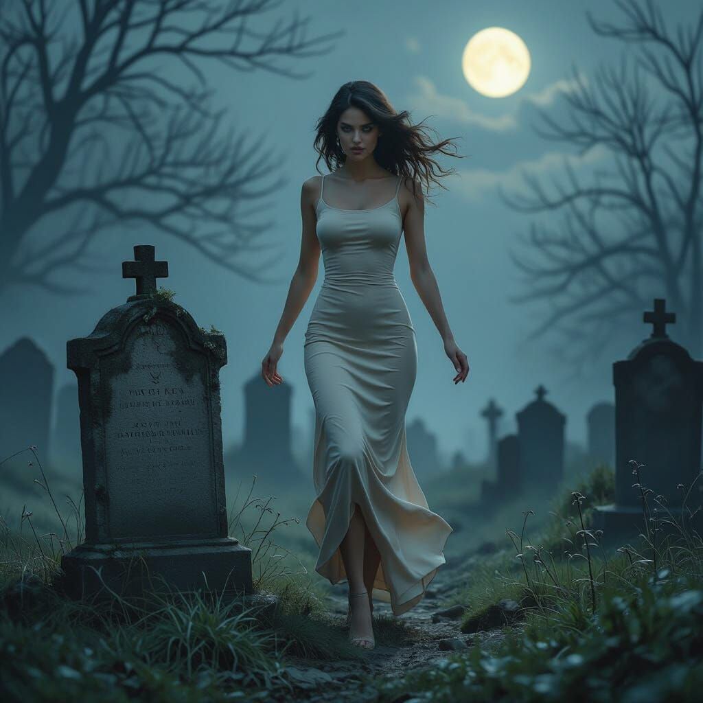 Eerie Cemetery Scene: Woman in Beige Dress Stepping Over Gra...