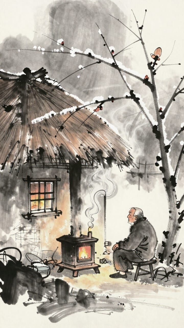 Chinese Ink Wash Cottage on Cold Night in Graffiti Style