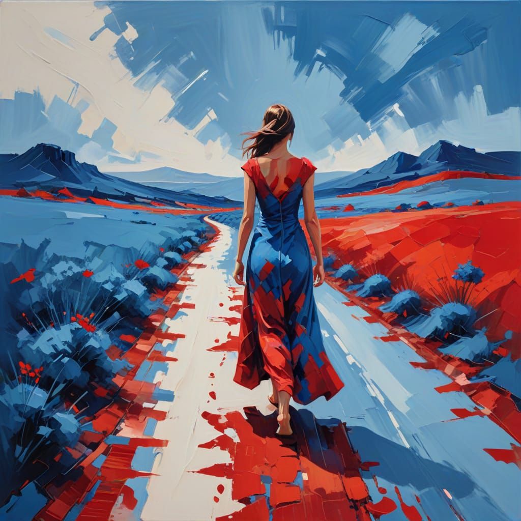 Vibrant Blue and Red Oil Painting of an Abstract Landscape w...