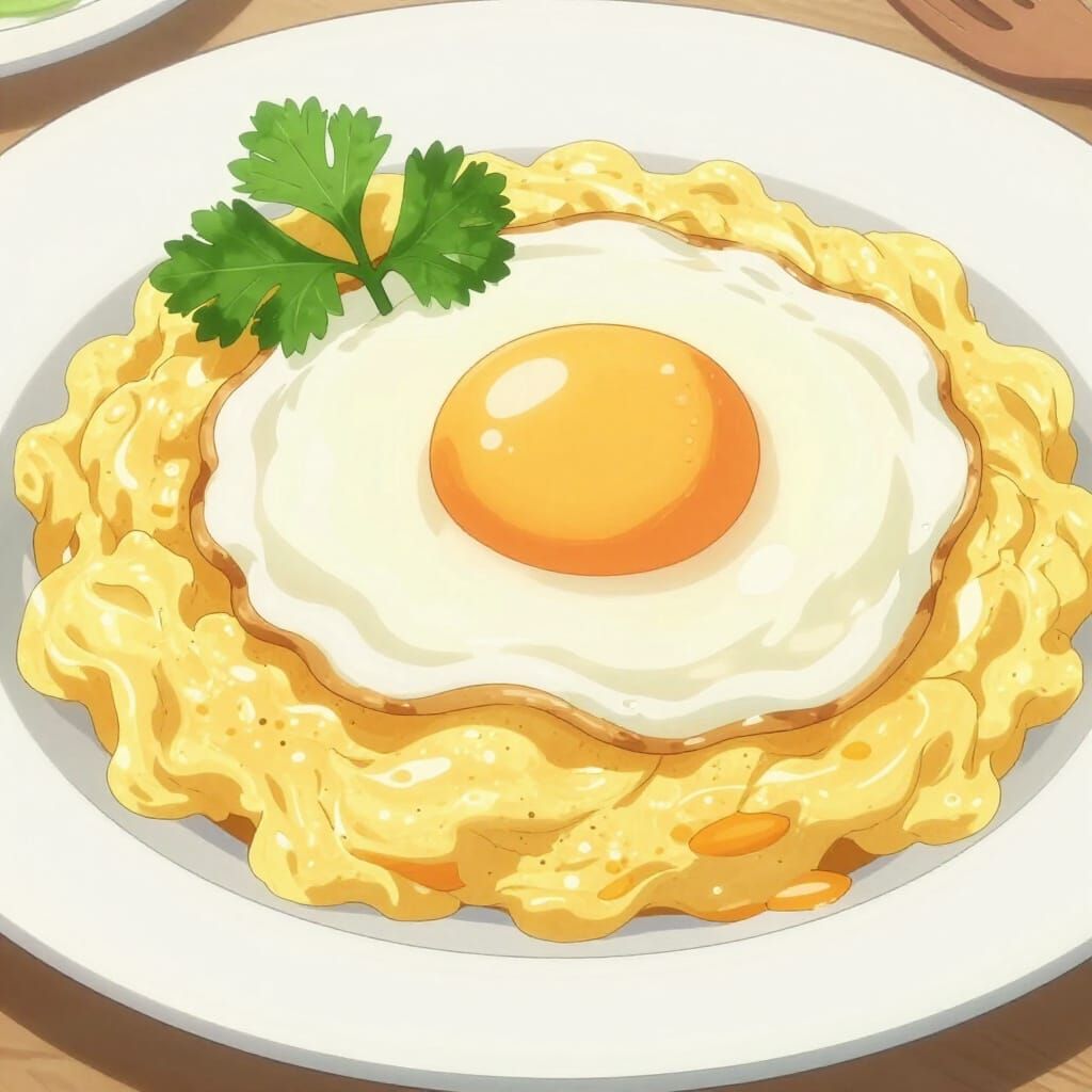 Anime Style Fried and Scrambled Eggs with Parsley