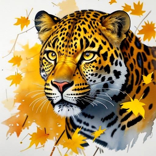 Playful Leopard Peeking Through Autumn Leaves in Watercolor ...
