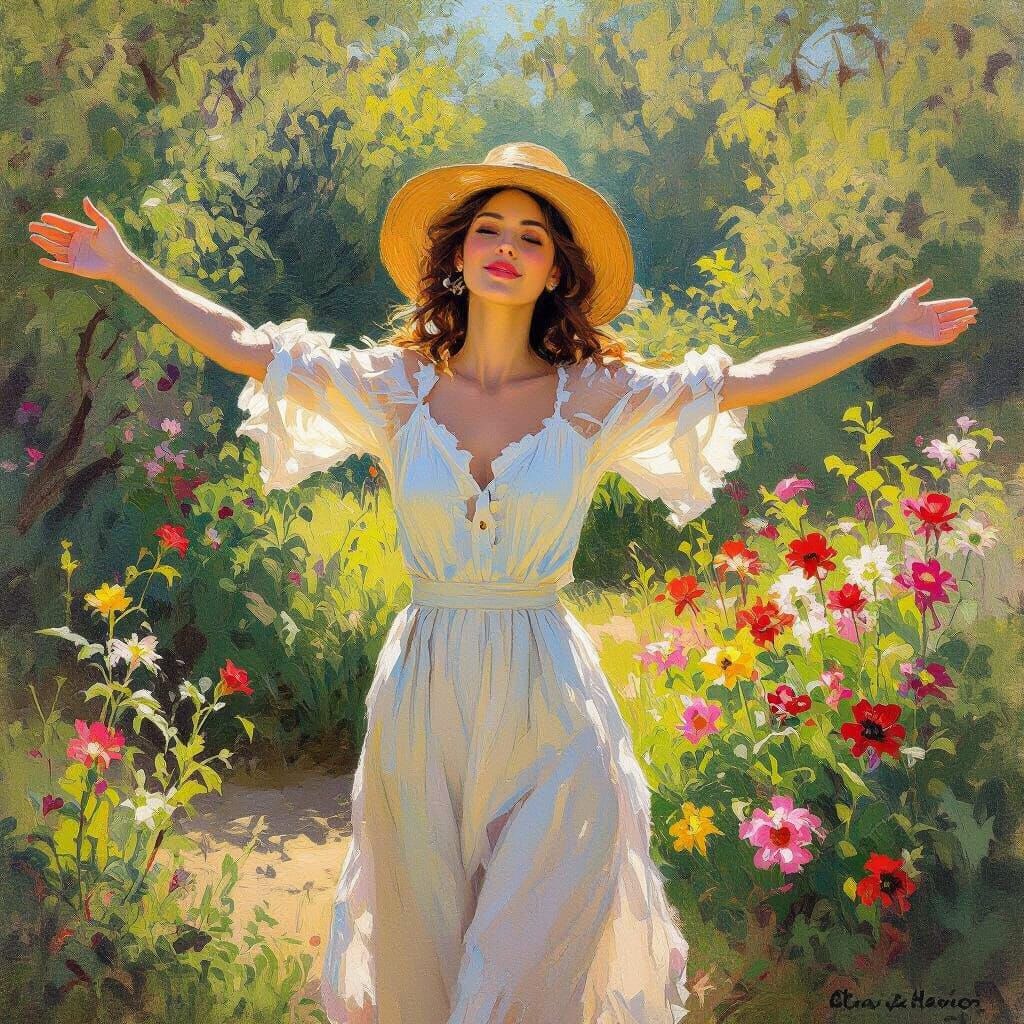 Vibrant Woman in Lush Garden, Impressionist Style
