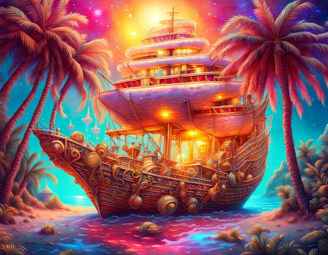 Treasure Shipwreck on Tropical Beach, Holographic Illustrati...