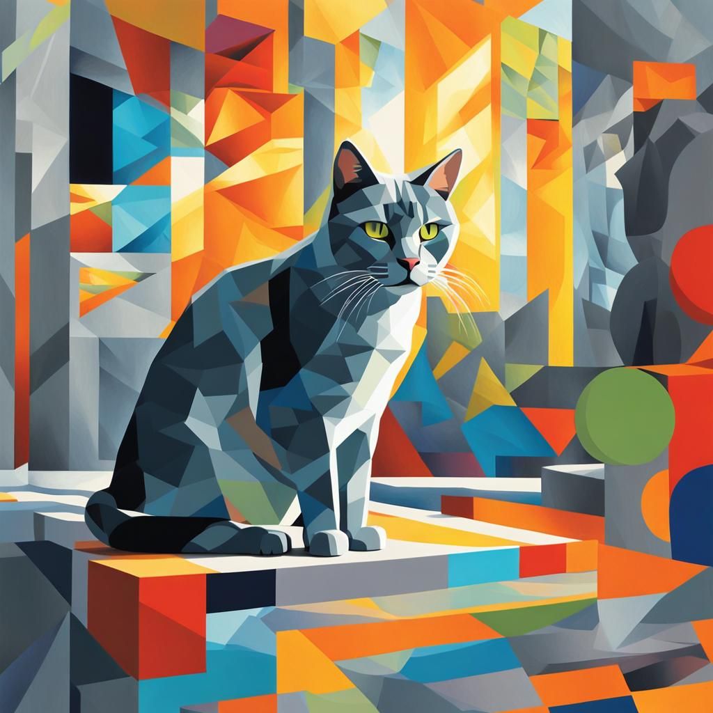 Geometric Cat Portrait in Cubist Fauvist Style