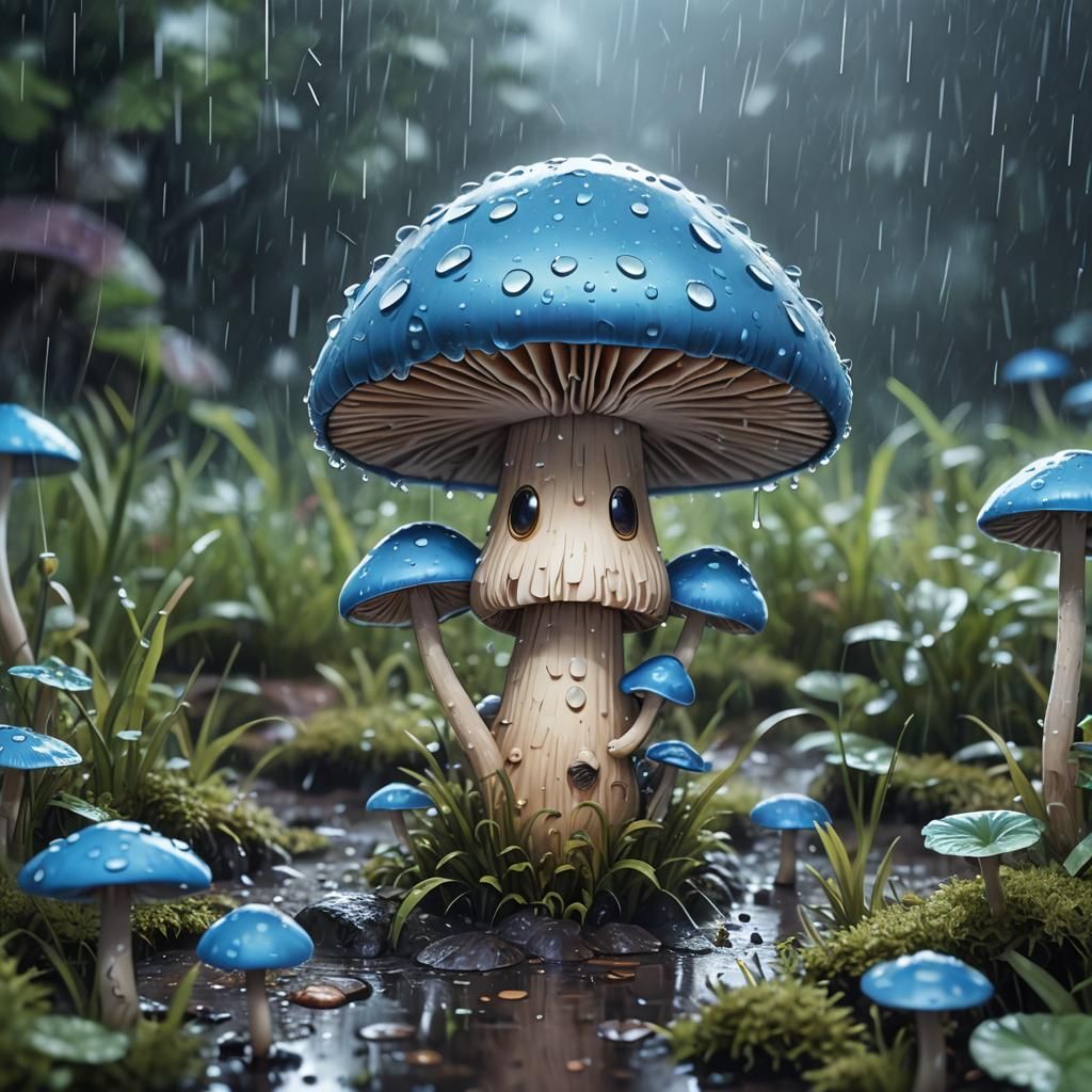 Cute Blue Mushroom in Rainy Anime Style