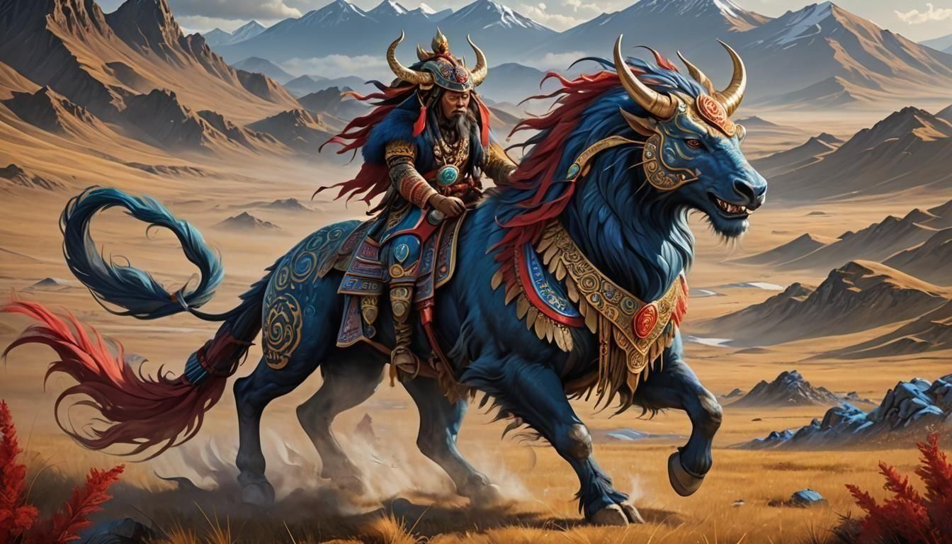 Mongolian Mythical Creature in Dreamlike Steppes