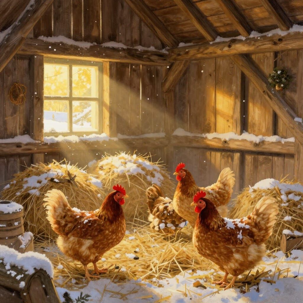 A cozy Christmas scene unfolds in a rustic barn, where a flock of hens are nestled amongst hay bales, their feathers dus...
