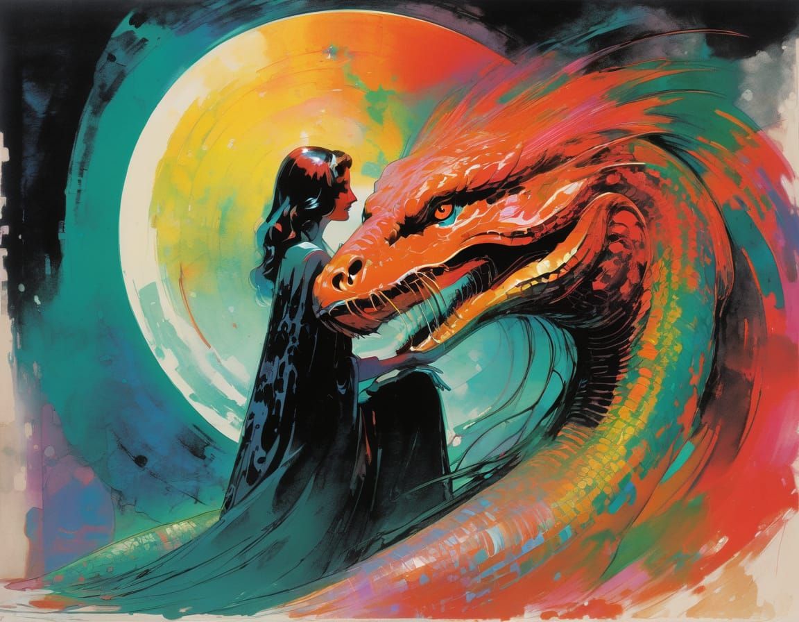 Cosmic Serpent Hug: Abstract Art in Vivid Colors