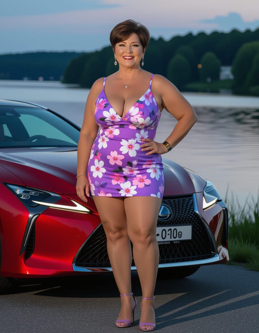 Overweight Lady in Lilac Dress by Lake