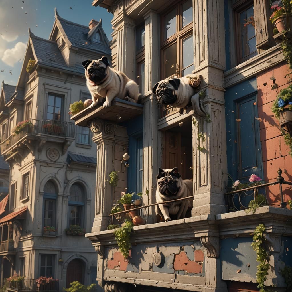 Cat and Pug Balcony Flight, Detailed Matte Painting