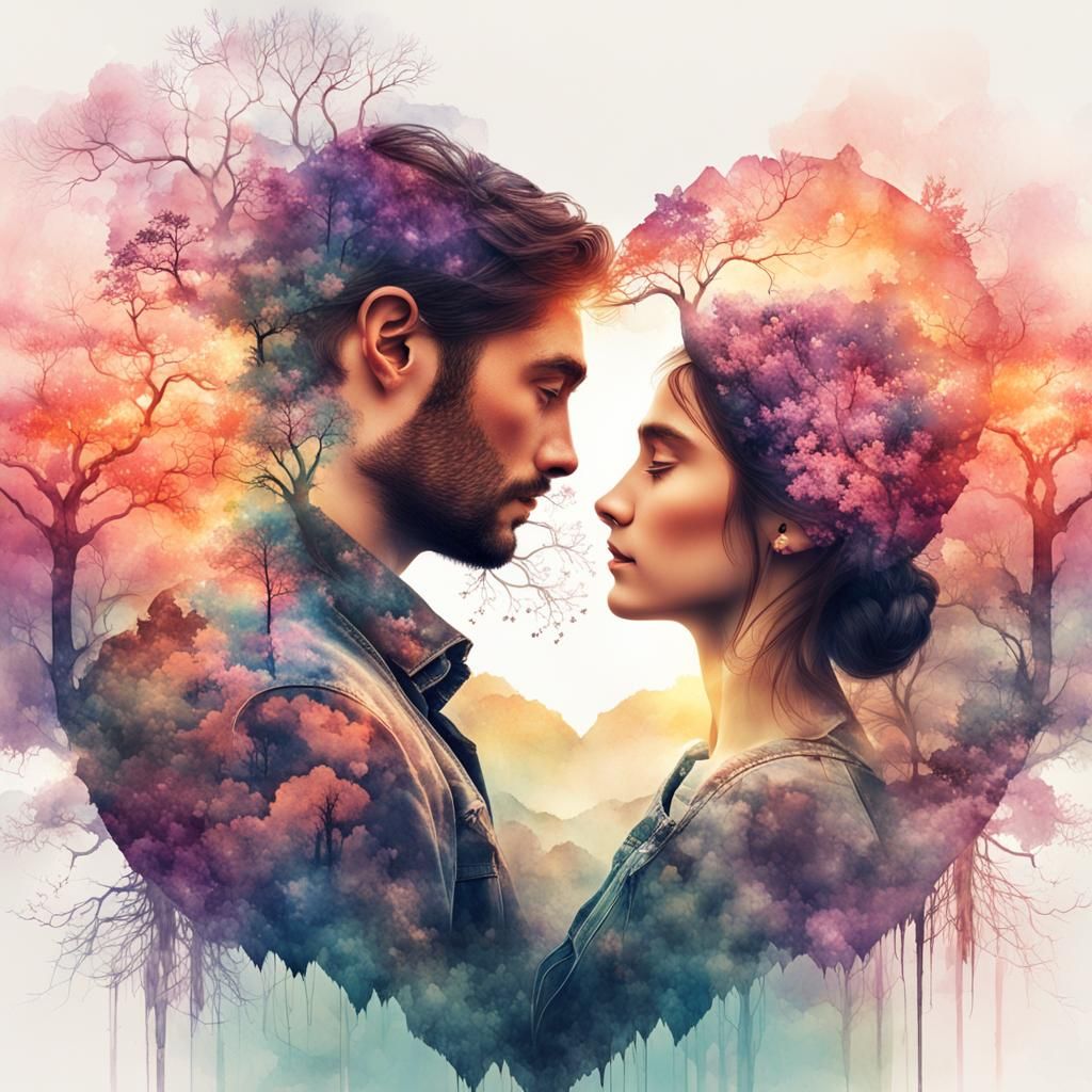 Valentine's Day Couple in Double Exposure Watercolor