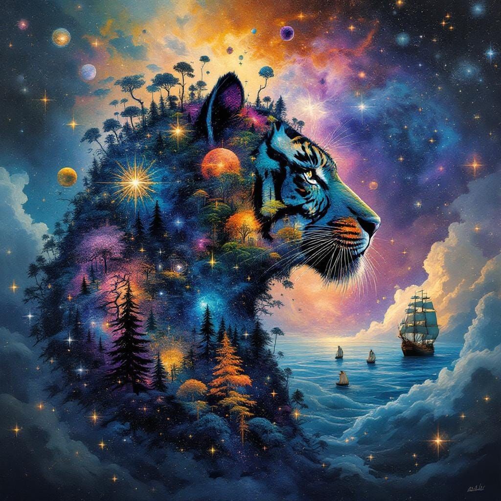 Surreal Galaxy World in Tiger Silhouette, Impressionistic St...