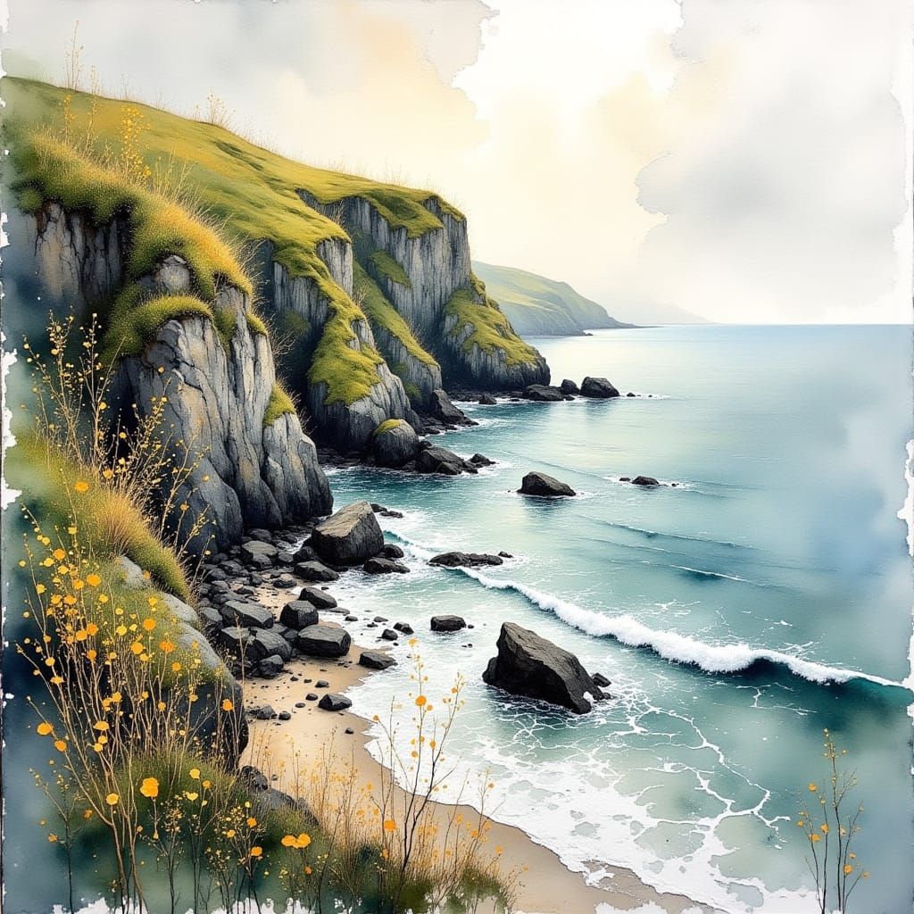 Mystical Breton Coast in Dreamy Aquarelle Style