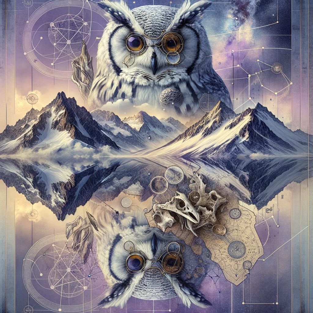 Mirrored Owl Contemplates Bone Constellation in Surreal Land...