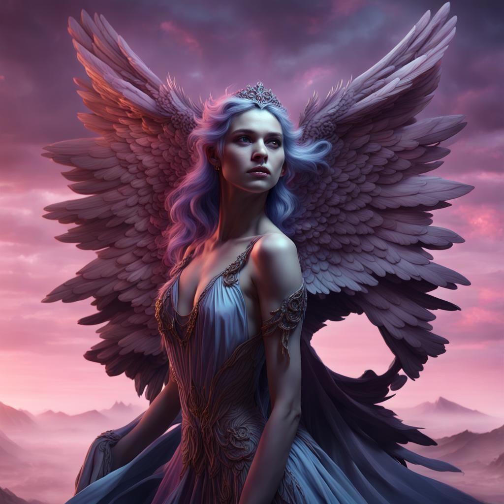 Fantasy Angel with Pink Wings and Lilac Mountains