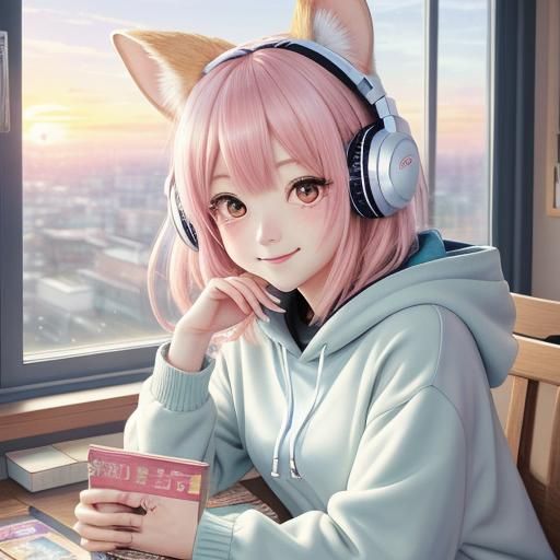 Kawaii Anime Fennec Girl Portrait in Pastel Colors
