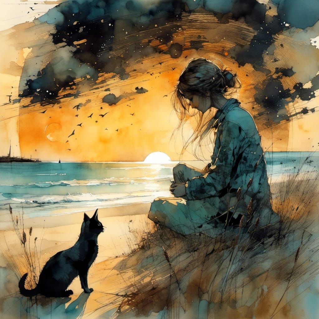 Girl and Cat Moonrise Beach Scene in Liquid Ink Style